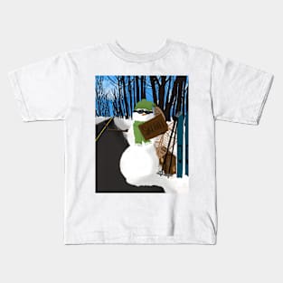 Ski Hill Bound Snowman Hitchhiker Kids T-Shirt